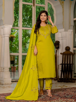 Hanch Marina Silk Embroidered Straight Kurti Set – Mustard Yellow