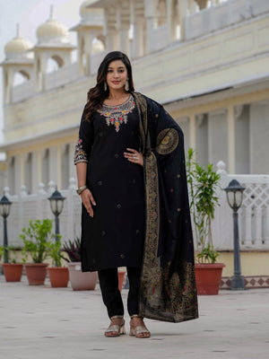 Hanch Premium Roman Silk Embroidered Straight Kurti Set – Black