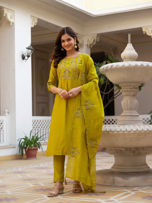 Hanch Pure Viscose Mango Silk Embroidered Straight Kurti Set – Yellow