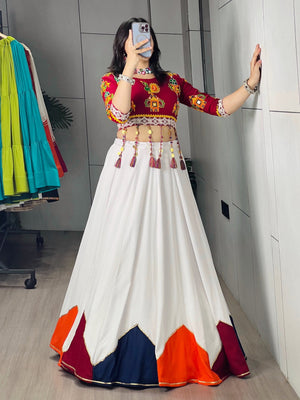 Hanch Navratri White Maroon Gauri Lehenga Set