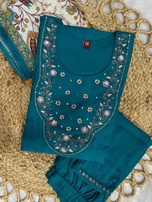 Hanch Premium Marina Silk Embroidered Straight Kurti Set – Firozi