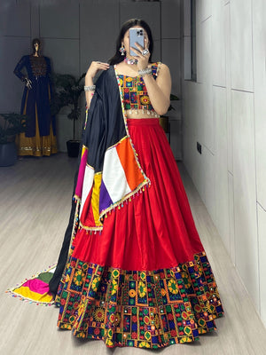 Hanch Navratri Red Gamthi Mirror Work Lehenga Set
