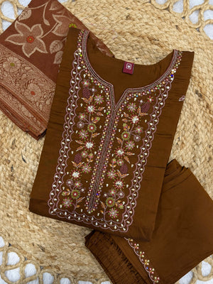 Hanch Pure Viscose Mango Silk Embroidered Straight Kurti Set – Coffee