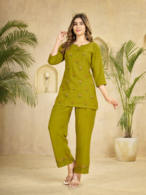 Hanch Heavy Rayon Embroidered Co-Ords Set – Mehndi