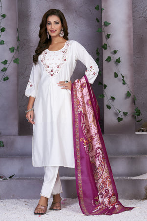 Hanch Premium Marina Silk Embroidered Straight Kurti Set – White