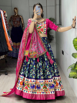 Hanch Navratri Navy Blue Floral Dola Lehenga Set - Blouse Unstitched