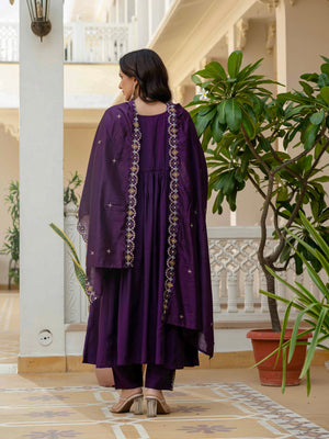 Hanch Viscose Roman Silk Embroidered Anarkali Kurti Set – Purple