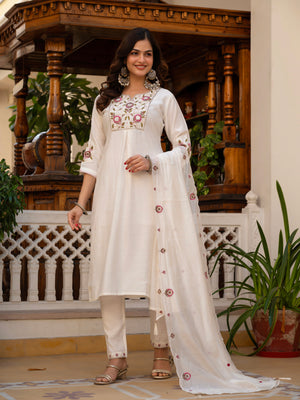 Hanch Pure Viscose Mango Silk Embroidered Straight Kurti Set – White