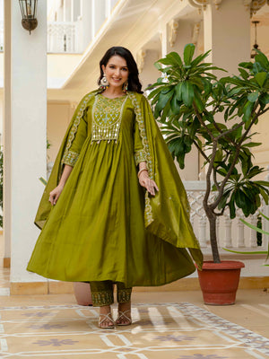 Hanch Viscose Roman Silk Embroidered Anarkali Kurti Set – Mahendi