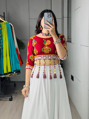 Hanch Navratri White Maroon Gauri Lehenga Set