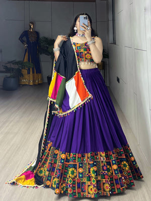 Hanch Navratri Purple Gamthi Mirror Work Lehenga Set