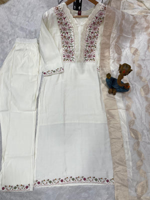 Hanch Roman Silk Embroidered Straight Kurti Set – White