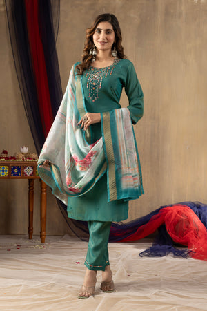 Hanch Shimmer Gold Silk Embroidered Straight Kurti Set – Rama Green