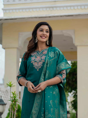 Hanch Premium Roman Silk Embroidered Straight Kurti Set – Rama Green