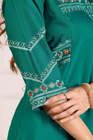 Hanch Viscose Mango Silk Embroidered Anarkali Kurti Set – Rama Green