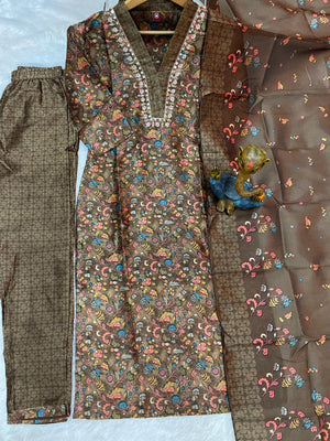 Hanch Zarna Silk Embroidered Straight Kurti Set – Coffee Brown