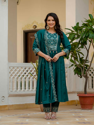 Hanch Viscose Roman Silk Embroidered Anarkali Kurti Set – Teal