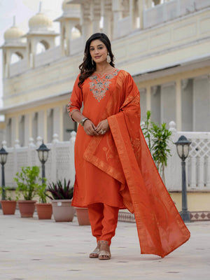 Hanch Premium Roman Silk Embroidered Straight Kurti Set – Orange