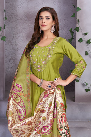 Hanch Premium Marina Silk Embroidered Straight Kurti Set – Parrot Green
