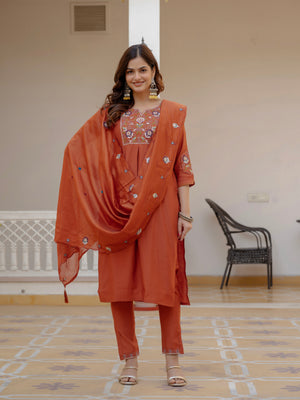 Hanch Pure Viscose Mango Silk Embroidered Straight Kurti Set – Rust