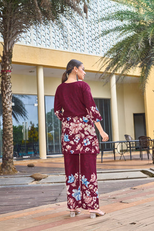 Hanch Pure Cotton Printed Co-Ords Set – Maroon