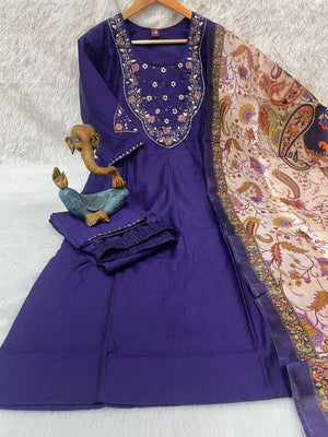 Hanch Premium Marina Silk Embroidered Straight Kurti Set – Violet
