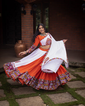 Hanch Navratri Orange White Arches Patch Work Lehenga Set