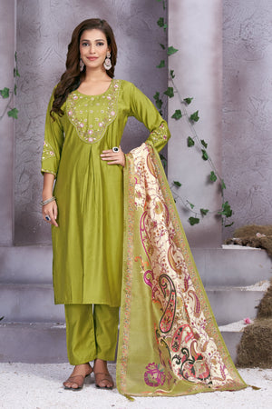 Hanch Premium Marina Silk Embroidered Straight Kurti Set – Parrot Green
