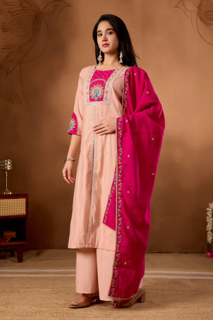 Hanch Roman Silk Embroidered Anarkali Kurti Set – Peach
