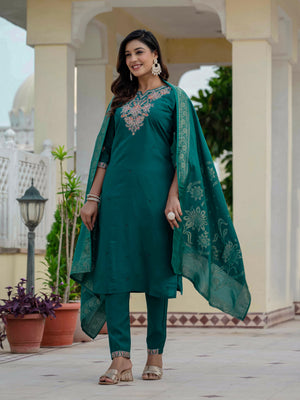Hanch Premium Roman Silk Embroidered Straight Kurti Set – Rama Green