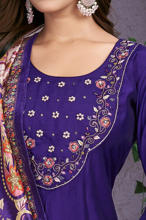 Hanch Premium Marina Silk Embroidered Straight Kurti Set – Violet