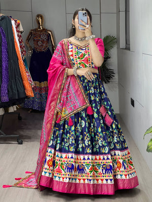 Hanch Navratri Navy Blue Floral Dola Lehenga Set - Blouse Unstitched