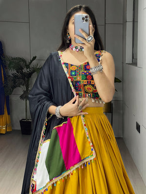 Hanch Navratri Mustard Gamthi Mirror Work Lehenga Set