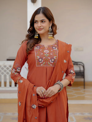 Hanch Pure Viscose Mango Silk Embroidered Straight Kurti Set – Rust
