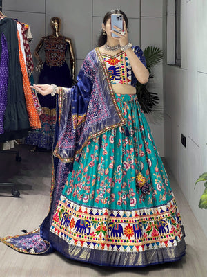 Hanch Navratri Firozi Floral Dola Lehenga Set - Blouse Unstitched