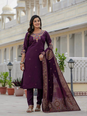 Hanch Premium Roman Silk Embroidered Straight Kurti Set – Wine