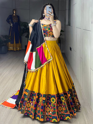 Hanch Navratri Mustard Gamthi Mirror Work Lehenga Set