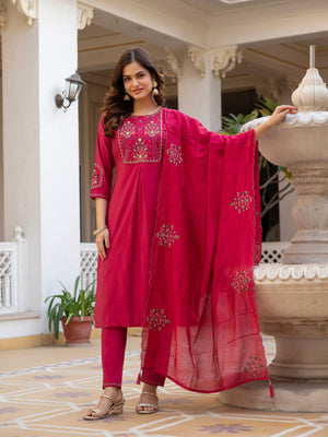 Hanch Pure Viscose Mango Silk Embroidered Straight Kurti Set – Pink
