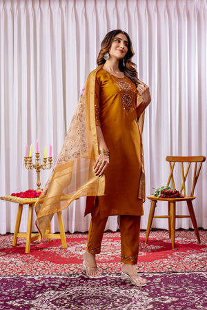 Hanch Viscose Silk Embroidered Straight Kurti Set – Mustard