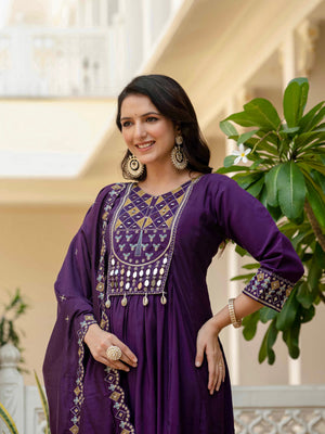 Hanch Viscose Roman Silk Embroidered Anarkali Kurti Set – Purple