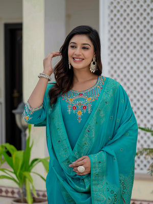 Hanch Premium Roman Silk Embroidered Straight Kurti Set – Firozi