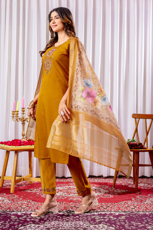Hanch Viscose Silk Embroidered Straight Kurti Set – Mustard