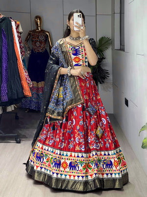 Hanch Navratri Red Floral Dola Lehenga Set - Blouse Unstitched