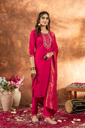 Hanch Marina Silk Embroidered Straight Kurti Set – Pink