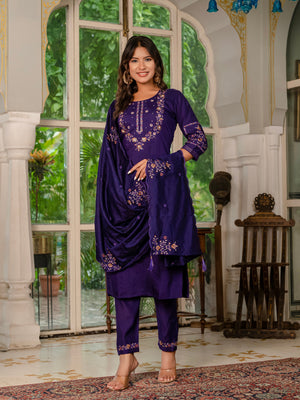 Hanch Marina Silk Embroidered Straight Kurti Set – Violet