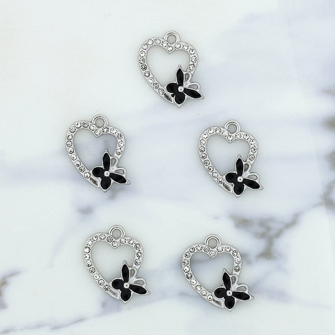 5Pcs Heart With Butterfly Charm Bezels With Black Enamel.