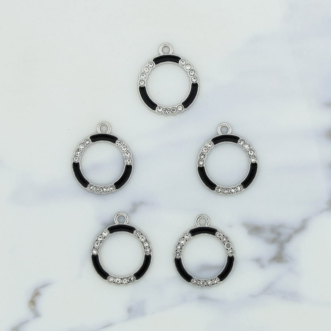 5Pcs Round Shape Charm Bezels With Black Enamel.