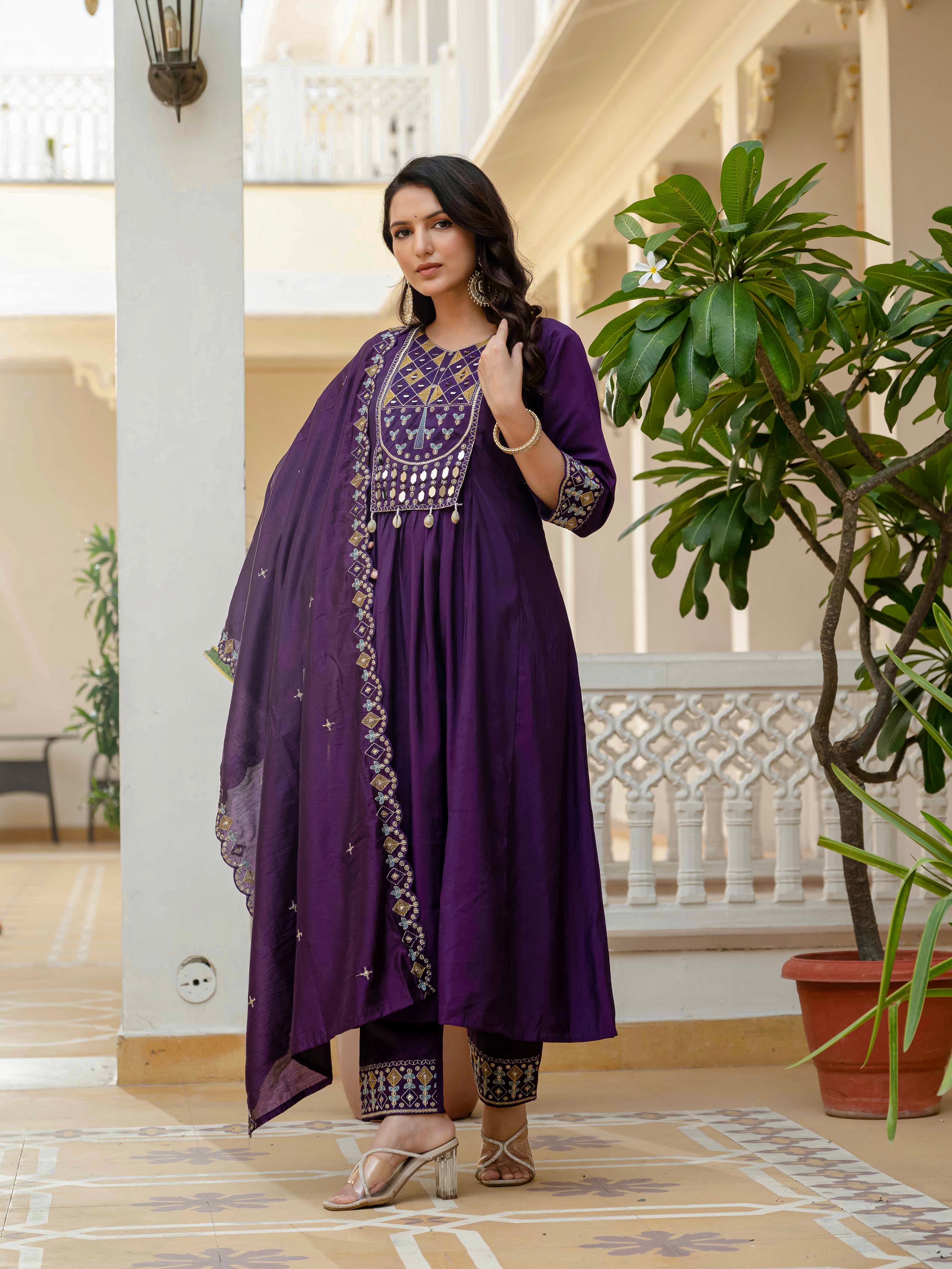 Hanch Viscose Roman Silk Embroidered Anarkali Kurti Set – Purple