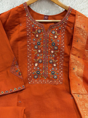 Hanch Pure Viscose Mango Silk Embroidered Straight Kurti Set – Rust