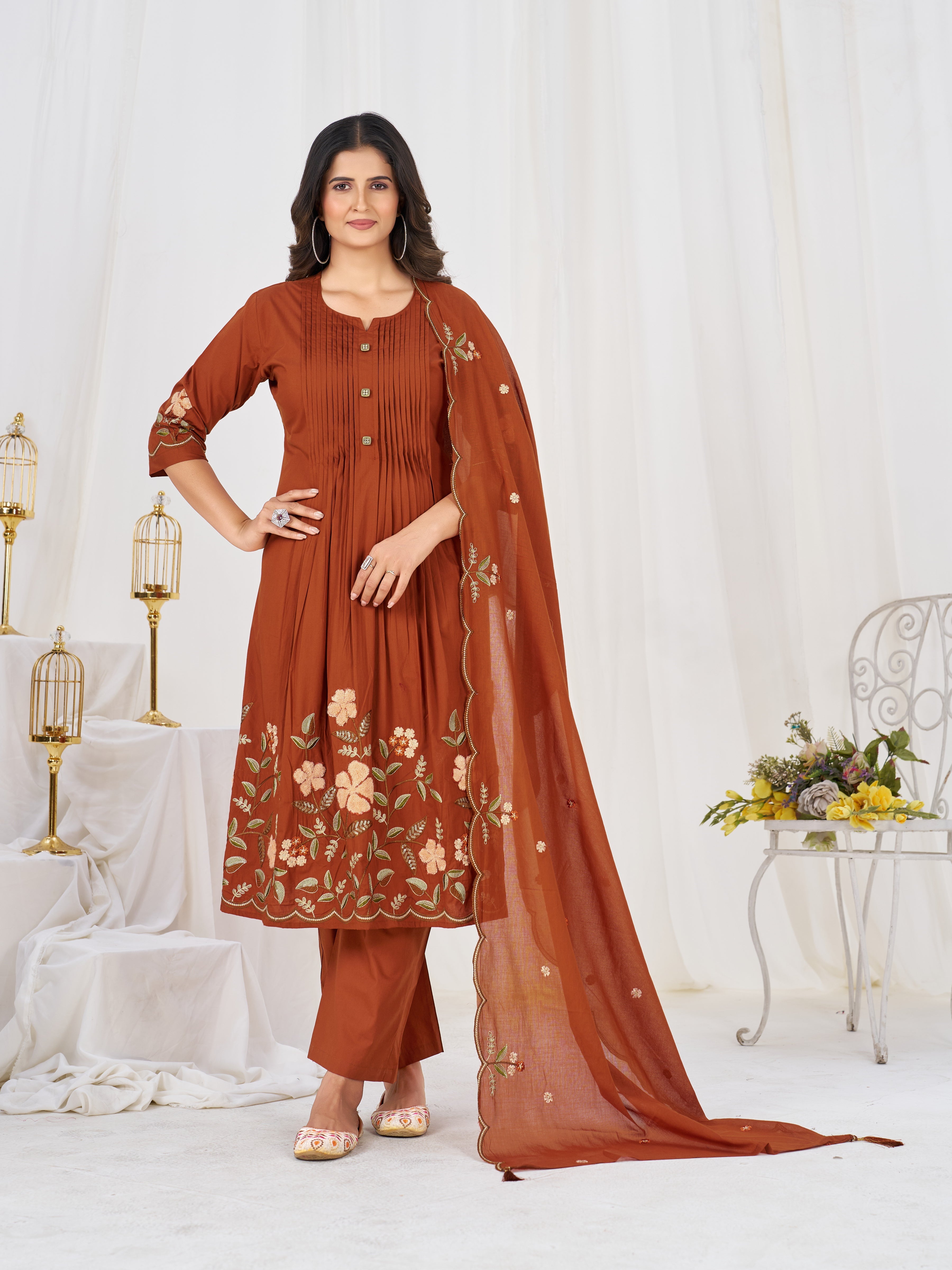 Hanch Pure Cotton Embroidered Anarkali Kurti Set – Rust